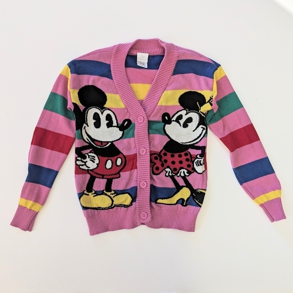 Disney 100th Celebration Kids Colorful Mickey and Minnie Button Up Cardigan